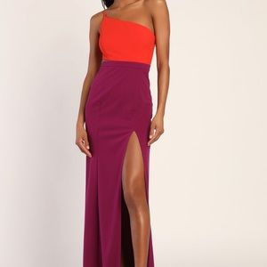 Pure Chic Red and Purple Asymmetrical One-Shoulder Maxi Dress